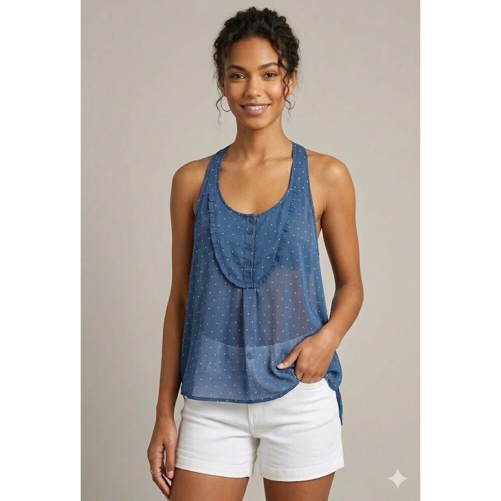 Gap Henley Tank Top Women's Large Blue White Star Chiffon Sheer Patriotic Shirt